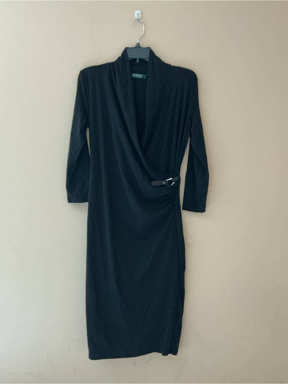 Lauren Ralph Lauren Black Wrap-Style Midi Dress with Side Buckle